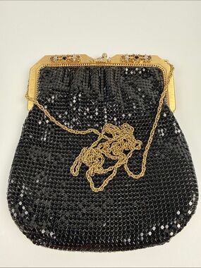 Black metallic Drawstring evening Bag with Gold Script evening bag